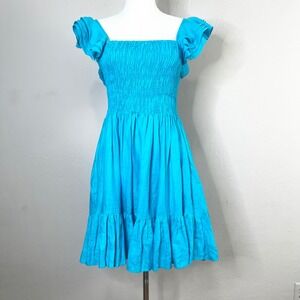 Mille Resort Mini Dress Smocked Turquoise Blue Linen Dress Ruffle Sleeves Size S